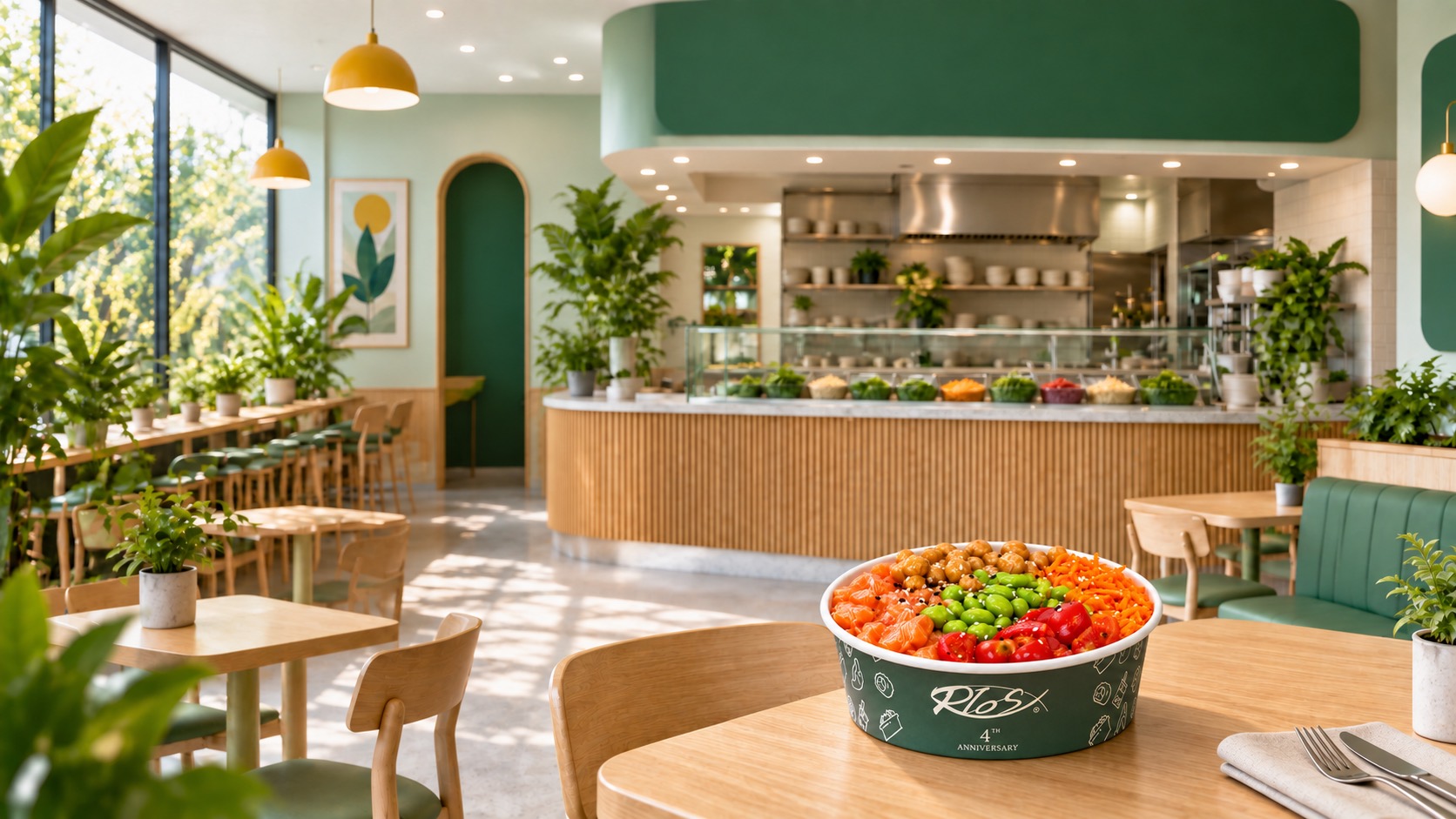 Spazio contemporaneo Rios con poke sul tavolo